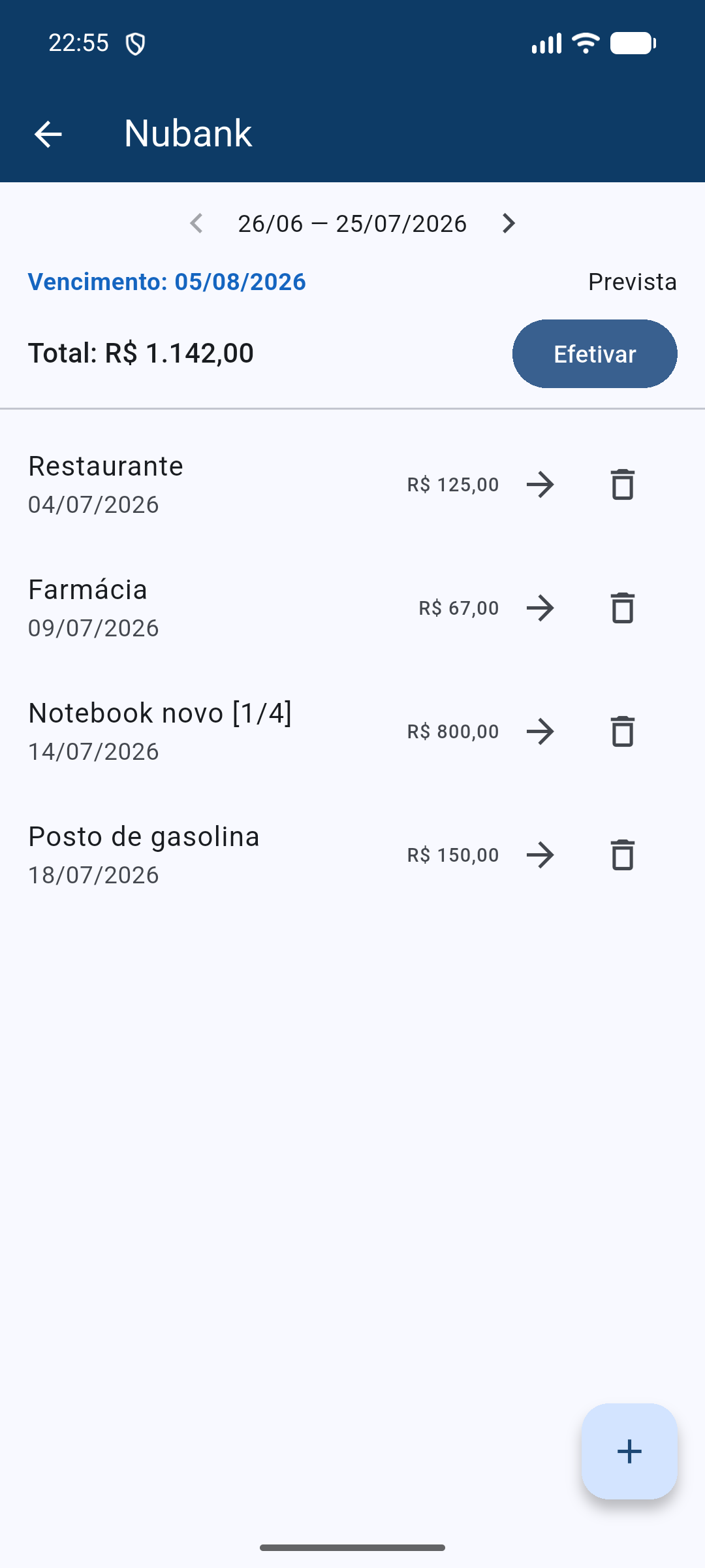 Tela de fatura de cartão de crédito do GMV Controle de Contas com compras parceladas